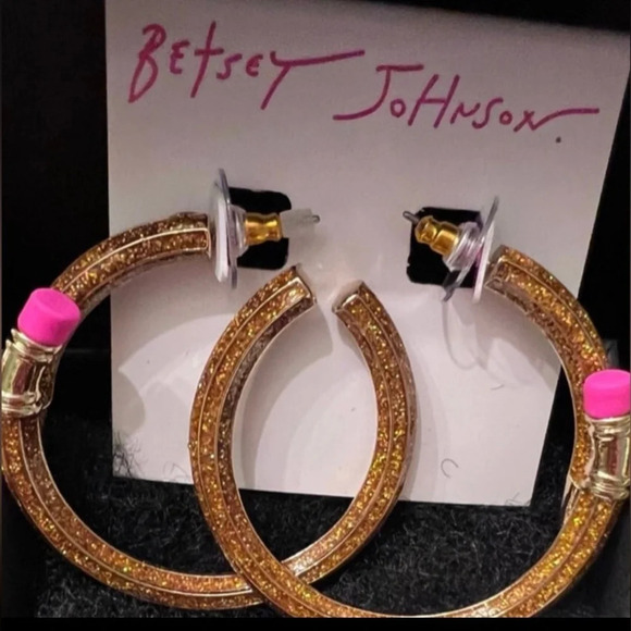 BETSEY JOHNSON 2025 Season ‘Back to School’ Sparkly Pencil Bypass Hoops NEW NWT - Picture 2 of 4